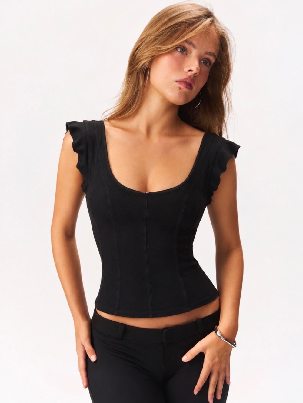 Free People Black Ruffle Sleeve Scoop Back Front Blouse Small